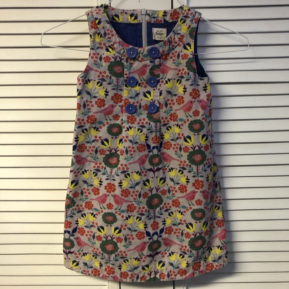 Mini Boden Size 5-6 Corduroy bird & floral Jumper Dress colorful